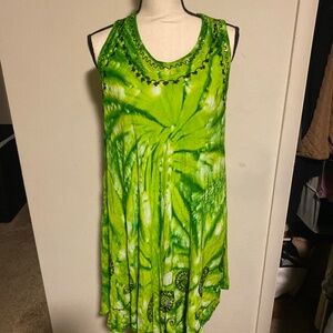 Asha Green Tie Dye Boho Sleeveless Dress-Medium